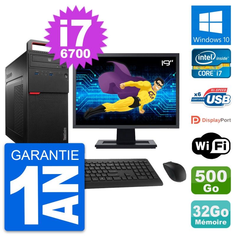 Ordinateur de bureau Lenovo M700, écran 19", processeur Core i7-6700, 32 Go de RAM, 500 Go SSD, Windows 10, Wi-Fi
