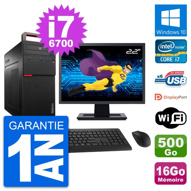 Lenovo M700 Desktop Computer, 22" Screen, Core i7-6700, 16GB RAM, 500GB HDD, Windows 10, WiFi