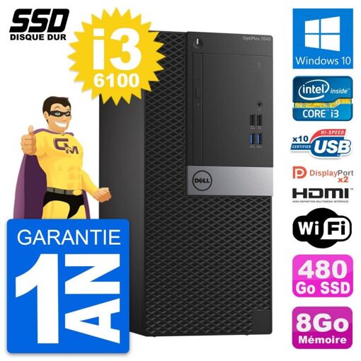 PC de escritorio Dell OptiPlex 7040 - Procesador Intel i3-6100, 8GB de RAM, 480GB SSD, HDMI, WiFi