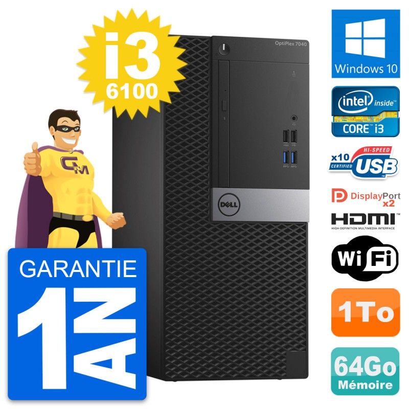 Dell OptiPlex 7040 Desktop PC - Core i3-6100, 64GB RAM, 1TB HDD, Windows 10