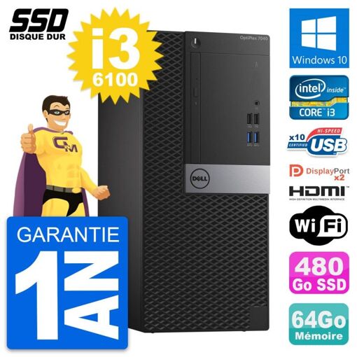 Computadora de escritorio Dell OptiPlex 7040 - Procesador Intel Core i3-6100, 64GB de RAM, 480GB SSD, HDMI, WiFi, Windows 10