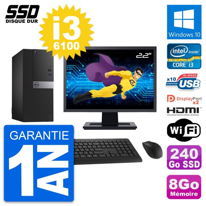 Dell OptiPlex 7040 Desktop Computer, 22" Screen, Intel i3-6100, 8GB RAM, 240GB SSD, HDMI