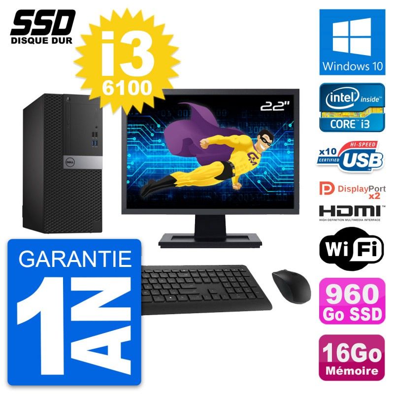 Dell OptiPlex 7040 Desktop Computer, 22" Screen, Core i3-6100, 16GB RAM, 960GB SSD, HDMI