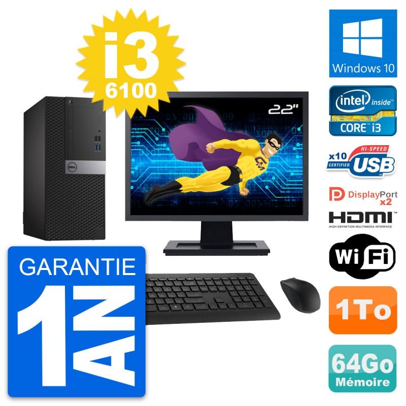Dell OptiPlex 7040 Desktop Computer - 22" Screen, i3-6100, 64GB RAM, 1TB HDD, HDMI, WiFi
