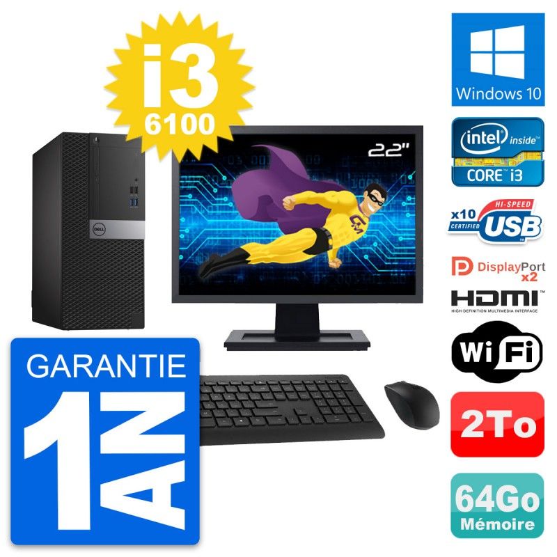 Dell OptiPlex 7040 Desktop PC - 22" Screen, i3-6100, 64GB RAM, 2TB HDD, HDMI, WiFi
