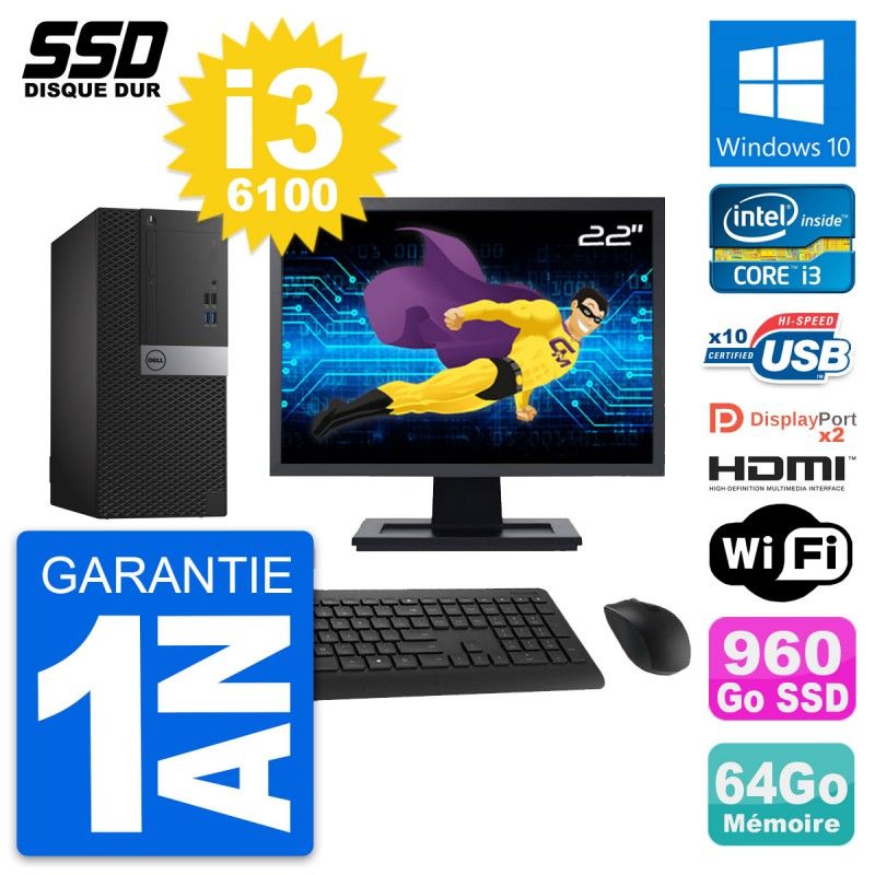 Dell OptiPlex 7040 Desktop Computer, 22" Screen, Core i3-6100, 64GB RAM, 960GB SSD, HDMI