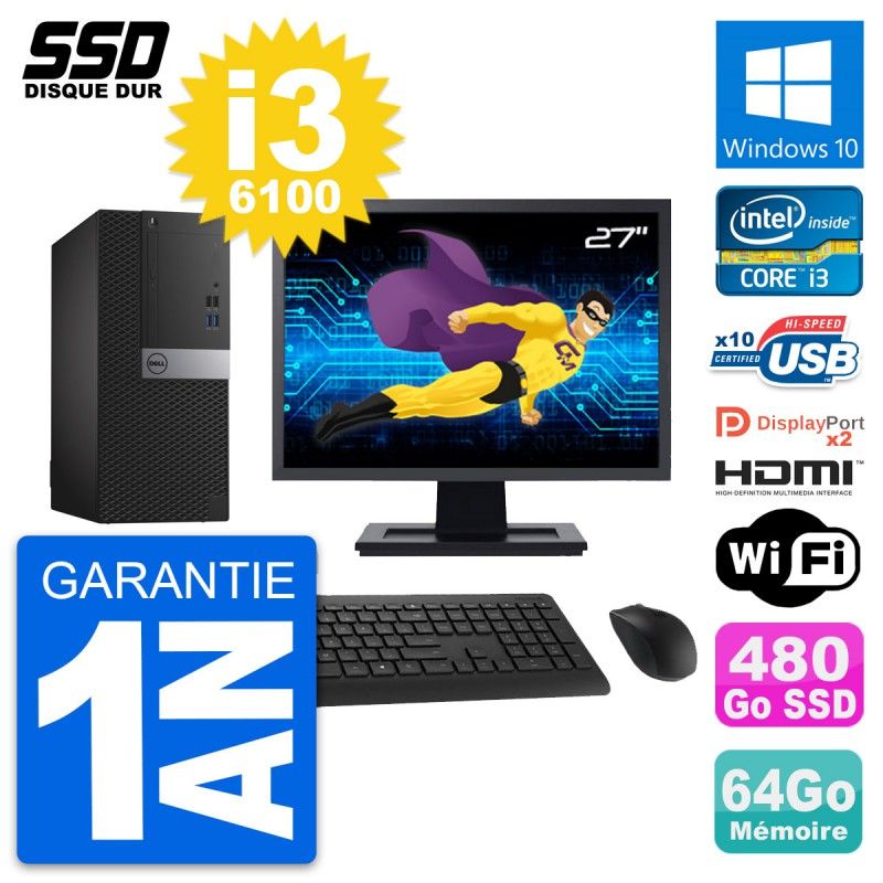 Dell OptiPlex 7040 Desktop Computer, 27" Screen, Core i3-6100, 64GB RAM, 480GB SSD