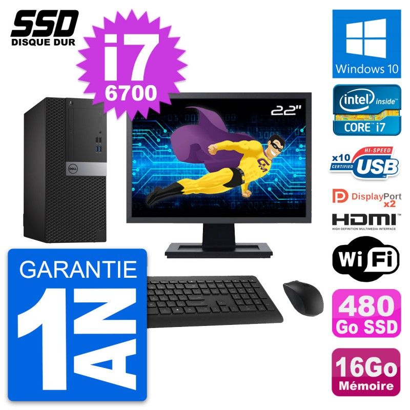 Dell OptiPlex 7040 Desktop PC - 22" Screen, Core i7-6700, 16GB RAM, 480GB SSD, HDMI, WiFi