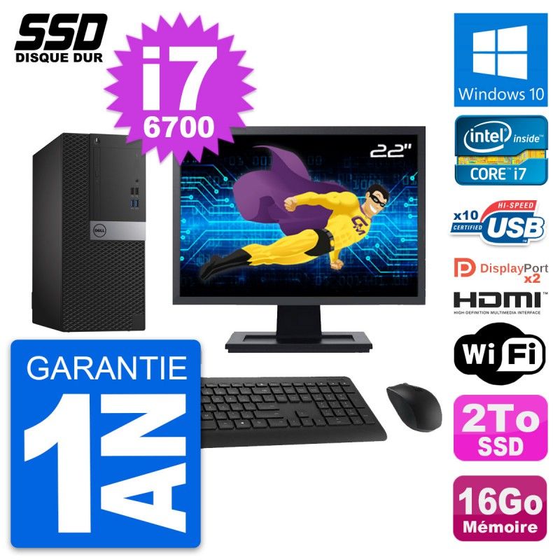 Dell OptiPlex 7040 Desktop Computer, 22" Screen, Intel i7-6700, 16GB RAM, 2TB SSD, HDMI, WiFi