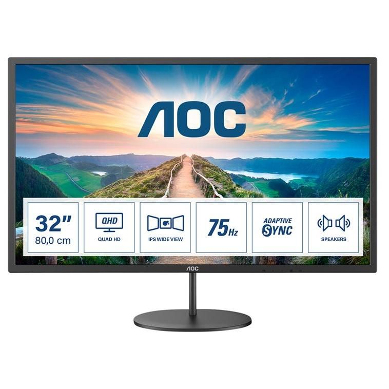 AOC Q32V4 - 32-Inch LED Display - QHD 2560x1440 @ 75Hz - IPS - 250 cd/m² - 4ms Response Time - HDMI, DisplayPort - Speakers - Black