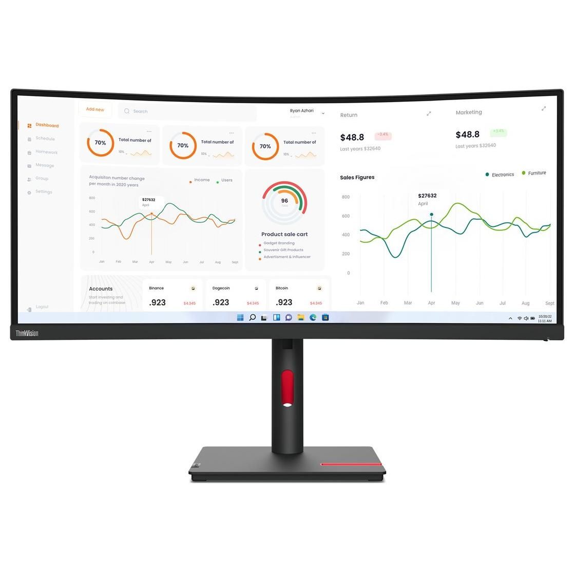 Lenovo ThinkVision T34w-30 - 34" Curved LED Monitor - UWQHD 3440x1440 - VA 350 cd/m² - 4ms Response Time - HDMI, DisplayPort, USB-C