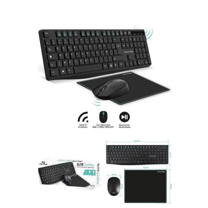 Pack de clavier multimédia sans fil Advance Elite 3 en 1 - Noir - USB - Récepteur nano