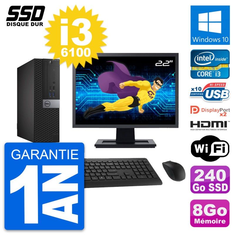Dell OptiPlex 7040 SFF Computer - 22" Screen, Intel i3-6100, 8GB RAM, 240GB SSD, HDMI