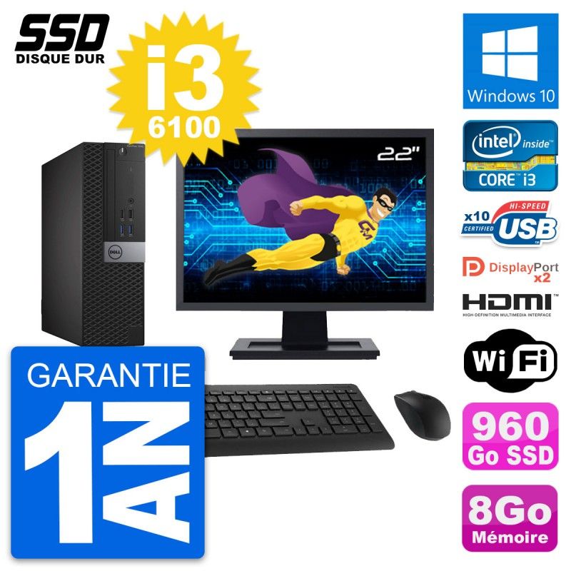 Dell OptiPlex 7040 SFF Computer - 22" Screen, Intel i3-6100, 8GB RAM, 960GB SSD, HDMI