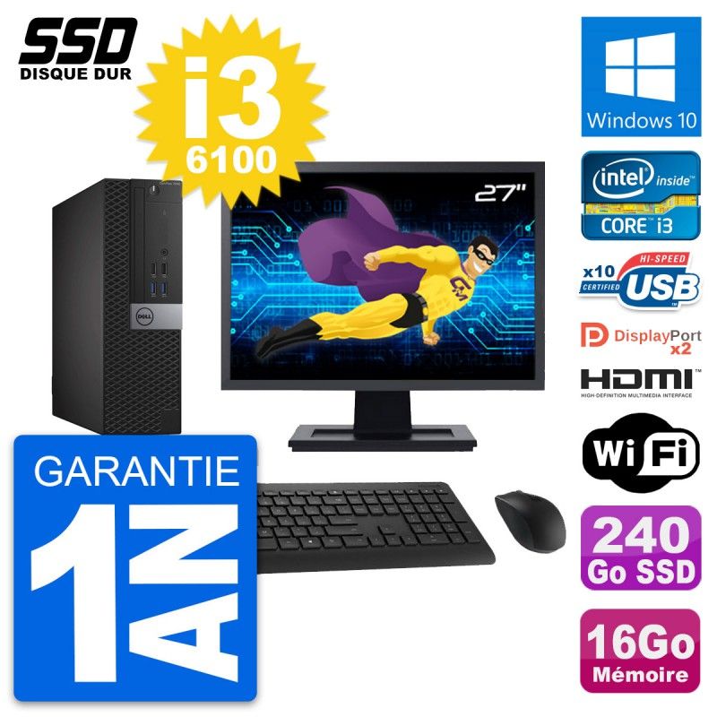 Dell OptiPlex 7040 SFF Computer - 27" Screen, Core i3-6100, 16GB RAM, 240GB SSD