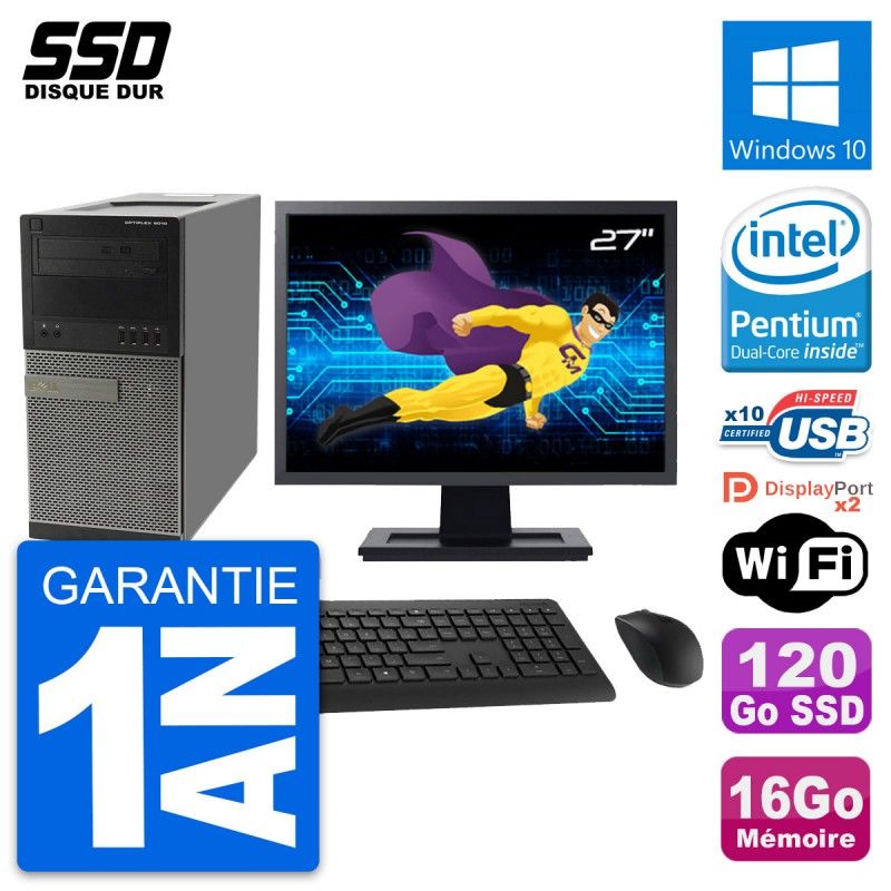 Dell OptiPlex 9010 Desktop PC - 27" Screen, Intel Pentium G630, 16GB RAM, 120GB SSD, Windows 10, Wi-Fi