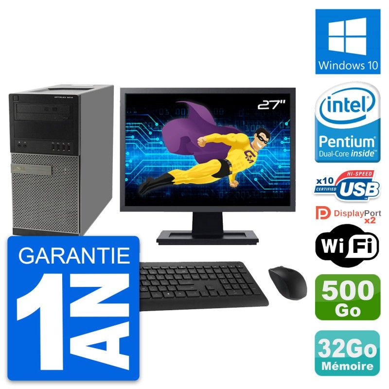 Dell OptiPlex 9010 Tower PC, 27" Screen, Intel G630, 32GB RAM, 500GB HDD, Windows 10, WiFi
