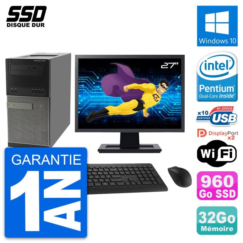 Dell OptiPlex 9010 Desktop Computer, 27-inch Screen, Intel Pentium G630, 32GB RAM, 960GB SSD, Windows 10, WiFi
