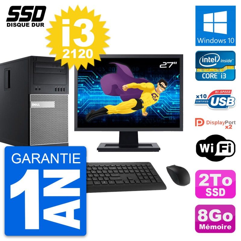 Dell OptiPlex 9010 Desktop PC - 27" Screen, Intel Core i3-2120, 8GB RAM, 2TB SSD, Windows 10, WiFi