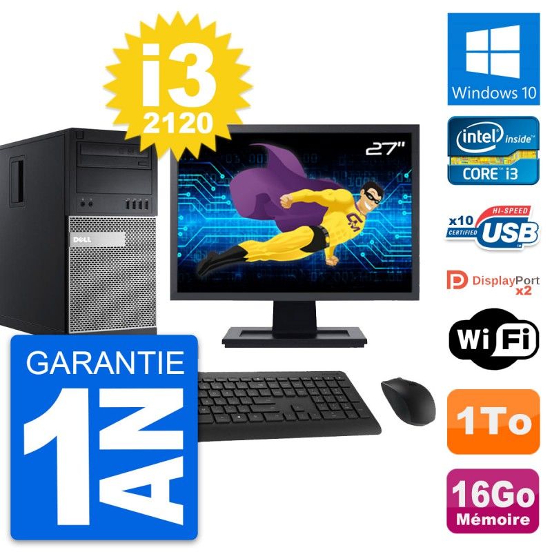 Dell OptiPlex 9010 Desktop Computer, 27" Screen, Intel i3-2120, 16GB RAM, 1TB HDD, Windows 10, WiFi