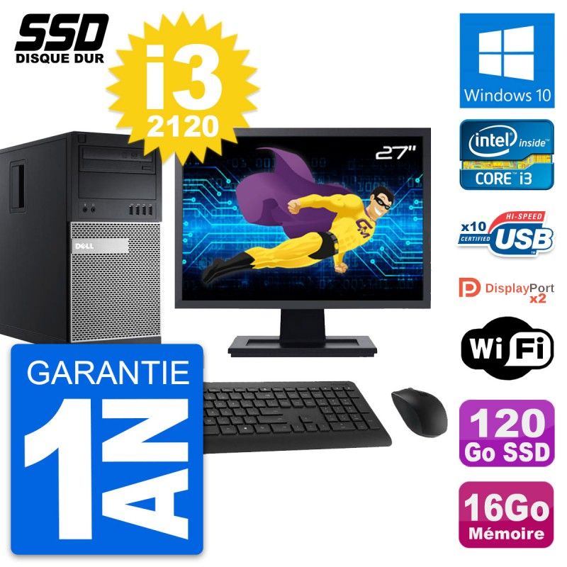 Dell OptiPlex 9010 Desktop Computer, 27" Screen, Intel i3-2120, 16GB RAM, 120GB SSD, Windows 10, WiFi