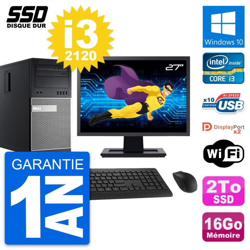 Dell OptiPlex 9010 Desktop PC - 27" Screen, Intel Core i3-2120, 16GB RAM, 2TB SSD, Windows 10, WiFi