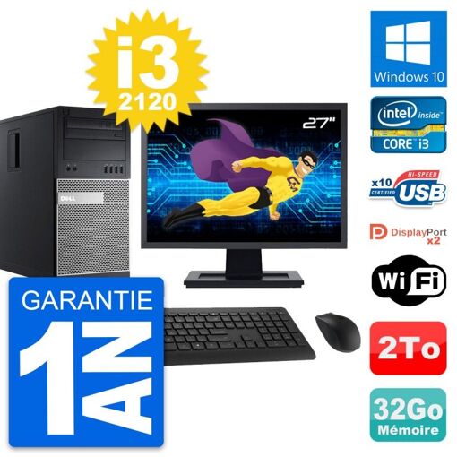 PC de escritorio Dell OptiPlex 9010 - Pantalla de 27", Procesador Intel i3-2120, 32 GB de RAM, 2 TB HDD, Windows 10