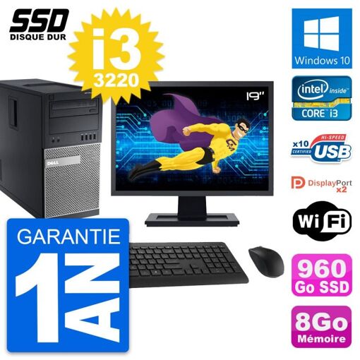Computadora de escritorio Dell OptiPlex 9010 - Pantalla de 19', Intel Core i3-3220, 8GB RAM, 960GB SSD, Windows 10, WiFi