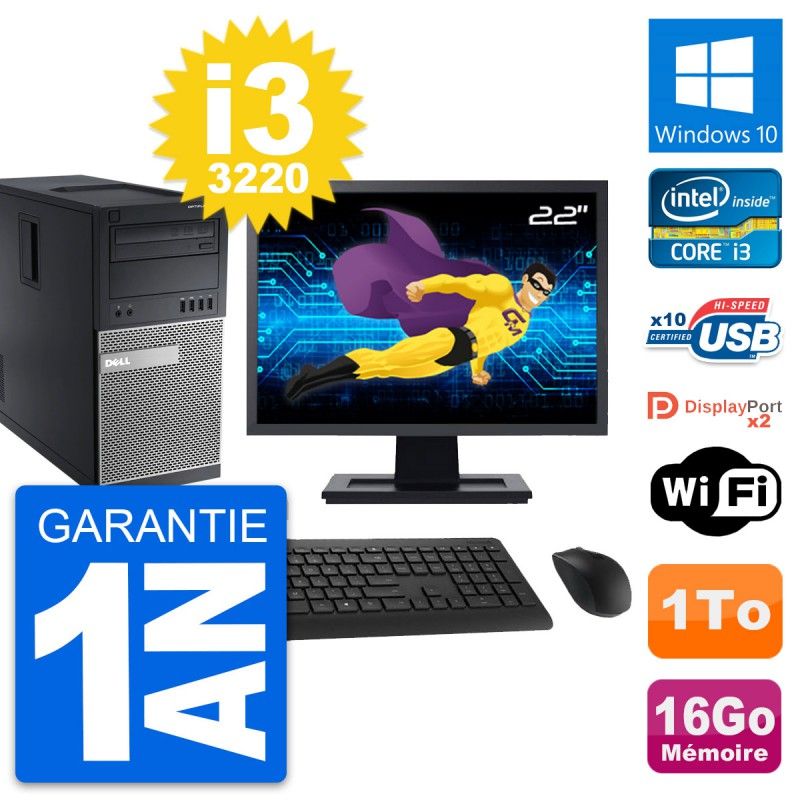 Dell OptiPlex 9010 Tower PC, 22" Screen, Intel i3-3220, 16GB RAM, 1TB Storage, Windows 10, WiFi