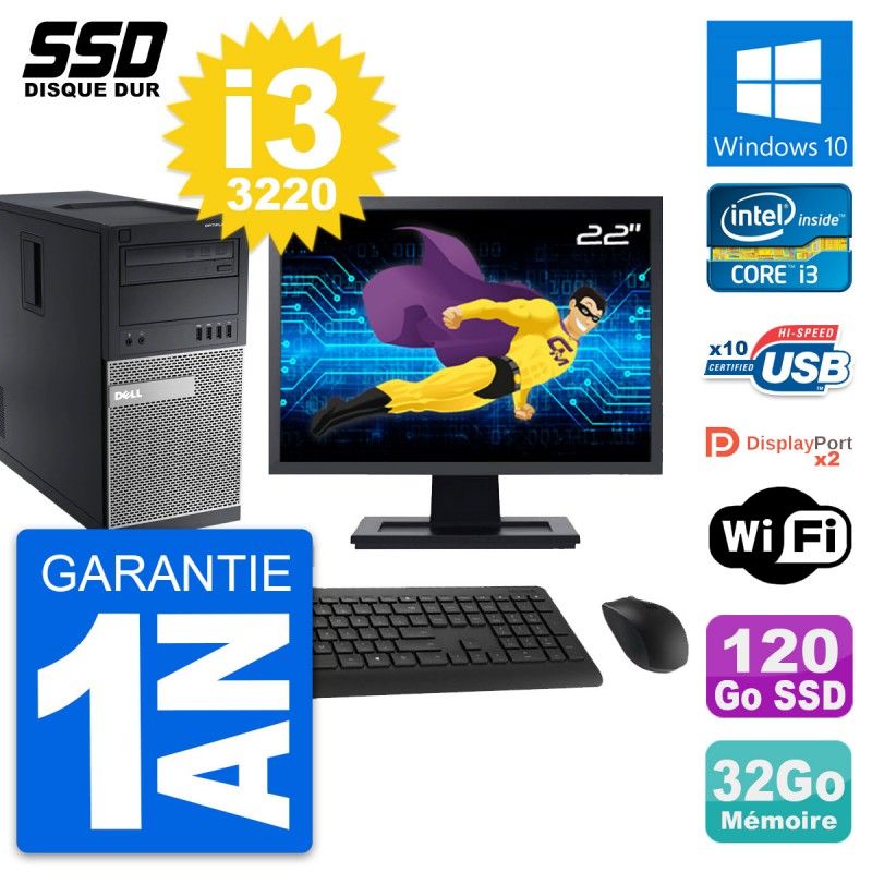 Dell OptiPlex 9010 Desktop Computer, 22" Screen, Intel i3-3220, 32GB RAM, 120GB SSD, Windows 10, WiFi