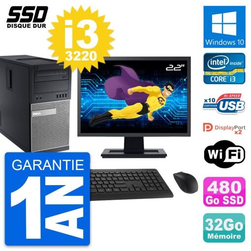 PC de escritorio Dell OptiPlex 9010 - Pantalla de 22'', Intel Core i3-3220, 32GB de RAM, 480GB SSD, Windows 10, WiFi