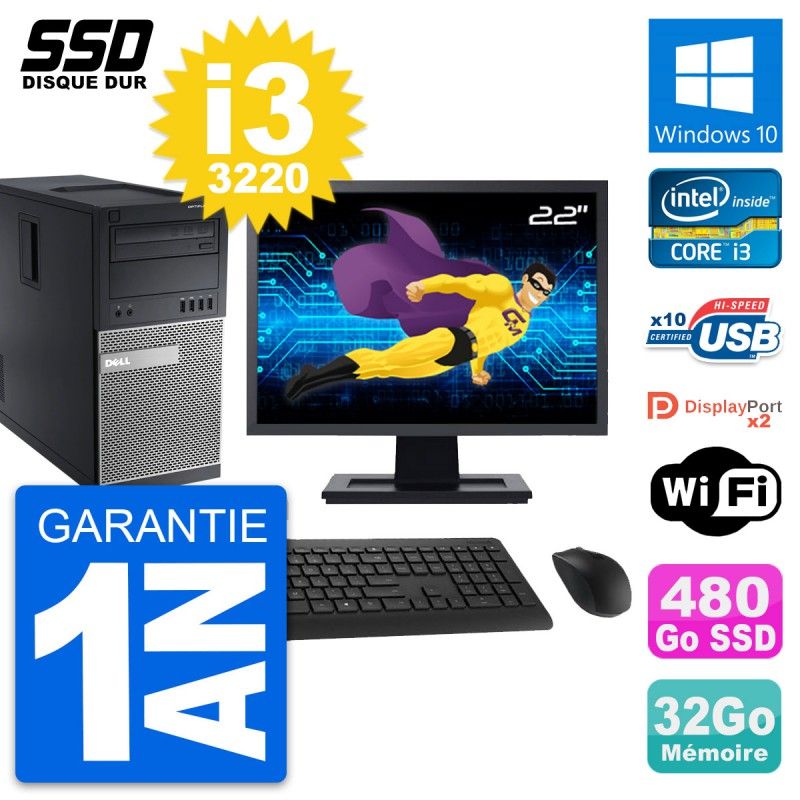 Dell OptiPlex 9010 Desktop PC - 22" Screen, Intel i3-3220, 32GB RAM, 480GB SSD, Windows 10, WiFi