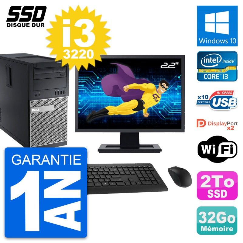 Dell OptiPlex 9010 Desktop PC - 22" Screen, Intel Core i3-3220, 32GB RAM, 2TB SSD, Windows 10, WiFi