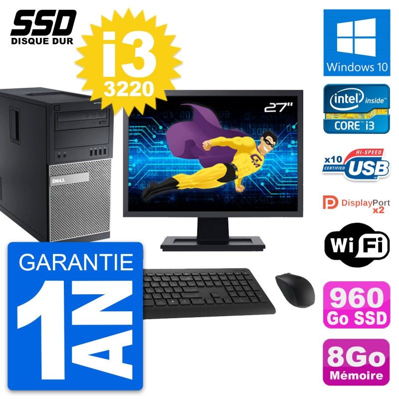 Dell OptiPlex 9010 27-Inch Desktop PC - i3-3220, 8GB RAM, 960GB SSD, Windows 10, WiFi