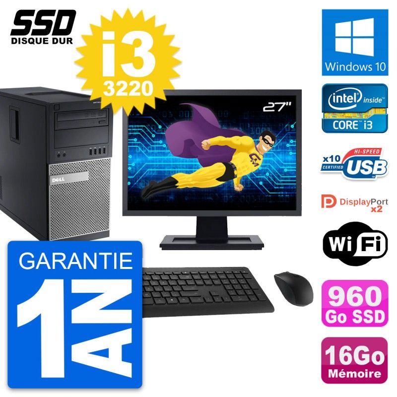 Dell OptiPlex 9010 Desktop PC - 27" Screen, Intel i3-3220, 16GB RAM, 960GB SSD, Windows 10, WiFi