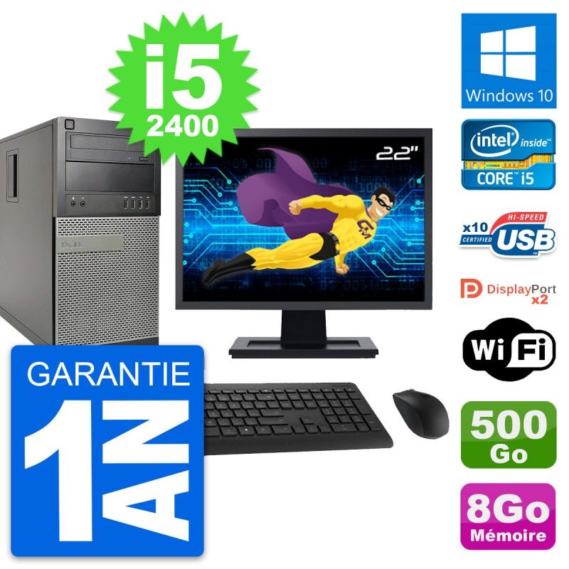 Dell OptiPlex 9010 Desktop PC - 22" Screen, Intel i5-2400, 8GB RAM, 500GB HDD, Windows 10, WiFi