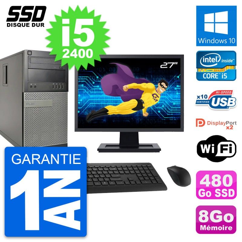 Dell OptiPlex 9010 Desktop Computer, 27" Screen, i5-2400, 8GB RAM, 480GB SSD, Windows 10, Wifi
