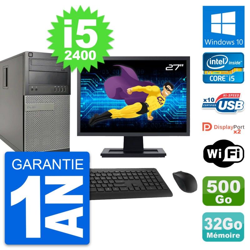 Dell OptiPlex 9010 Desktop Computer, 27" Screen, Intel i5-2400, 32GB RAM, 500GB Hard Drive, Windows 10, WiFi