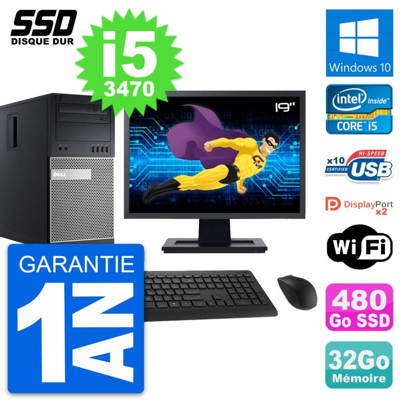 Dell OptiPlex 9010 Desktop PC - 19" Screen, Intel i5-3470, 32GB RAM, 480GB SSD, Windows 10, WiFi