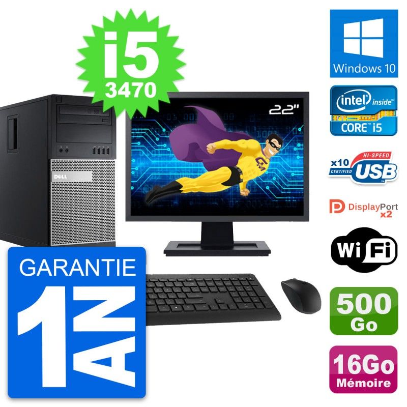 Dell OptiPlex 9010 Desktop PC - 22" Screen, Intel i5-3470, 16GB RAM, 500GB Storage, Windows 10, WiFi