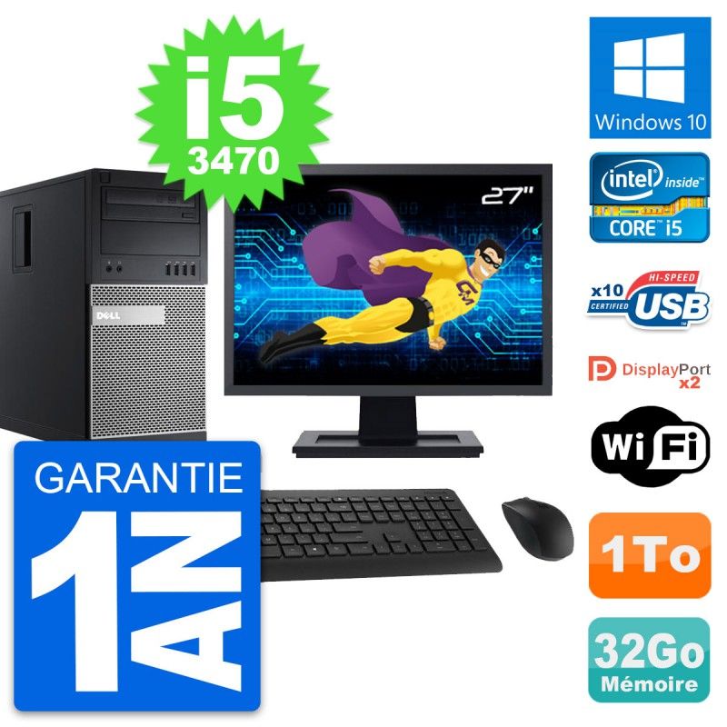 Dell OptiPlex 9010 Desktop PC - 27" Screen, Intel i5-3470, 32GB RAM, 1TB HDD, Windows 10