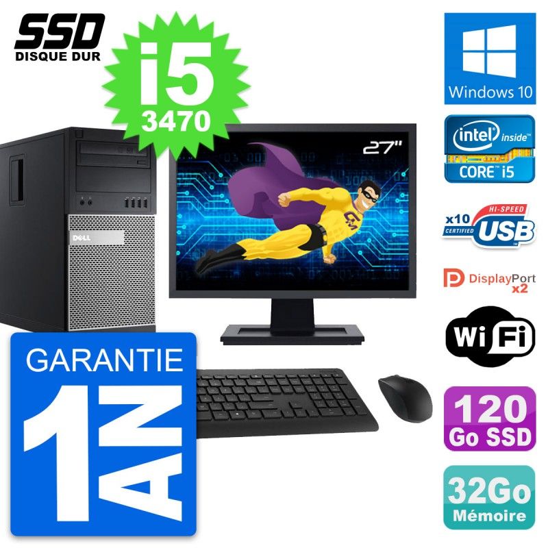 Dell OptiPlex 9010 Desktop PC - 27" Screen, Intel i5-3470, 32GB RAM, 120GB SSD, Windows 10, Wi-Fi