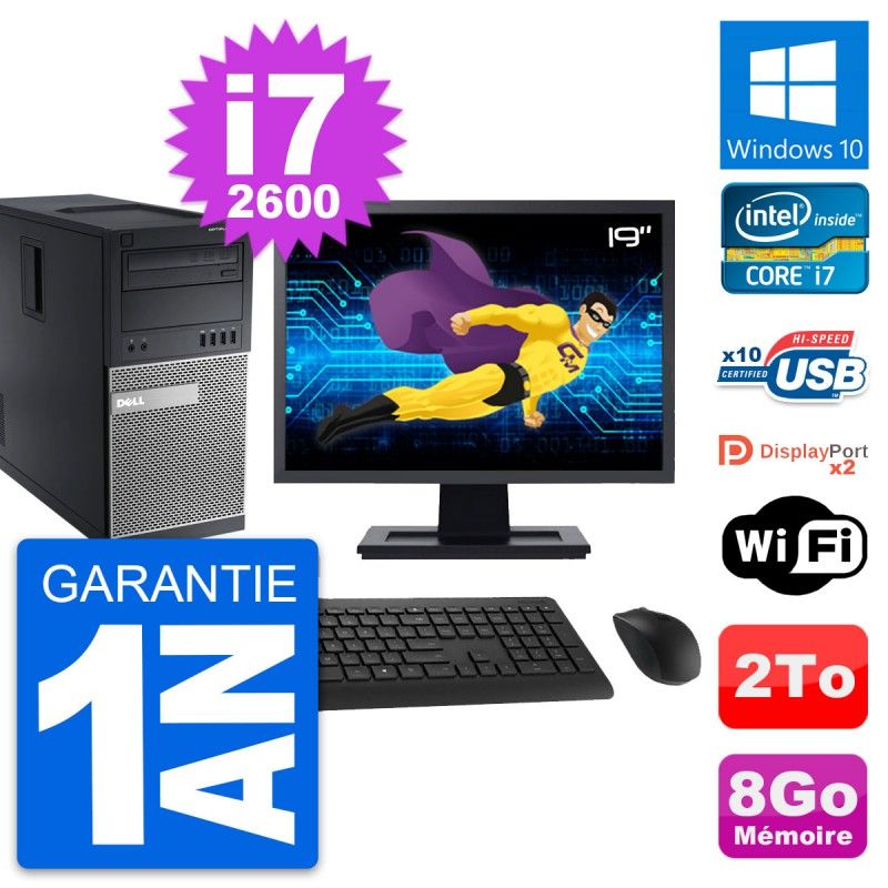 Ordinateur de bureau Dell OptiPlex 9010, écran 19'', processeur Intel i7-2600, 8 Go de RAM, disque dur 2 To, Windows 10, Wi-Fi