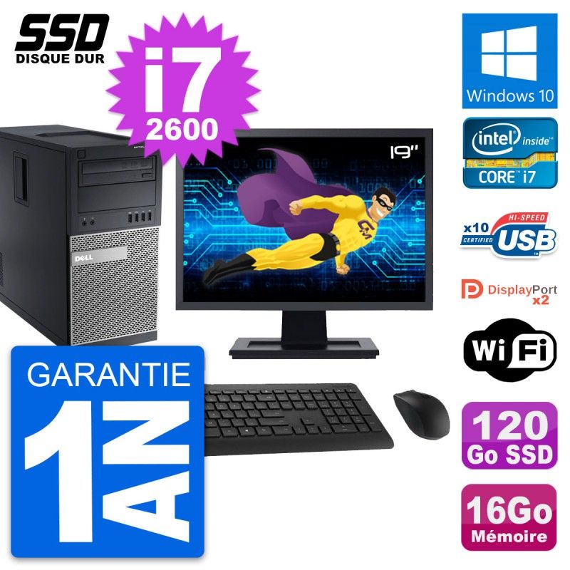 Dell OptiPlex 9010 19-inch PC Tower - Intel i7-2600, 16GB RAM, 120GB SSD, Windows 10, WiFi