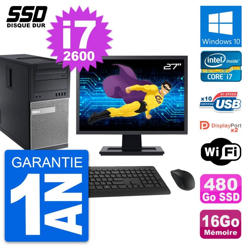 Dell OptiPlex 9010 Desktop Computer, 27" Screen, Intel i7-2600, 16GB RAM, 480GB SSD, Windows 10, WiFi