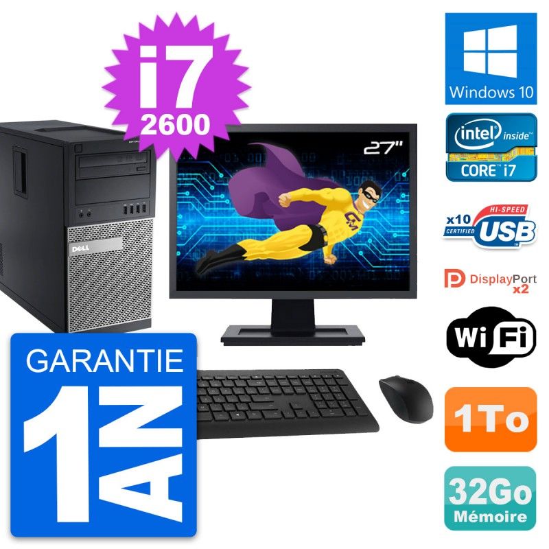 Dell OptiPlex 9010 Desktop PC - 27" Screen, Intel i7-2600, 32GB RAM, 1TB Storage, Windows 10, WiFi