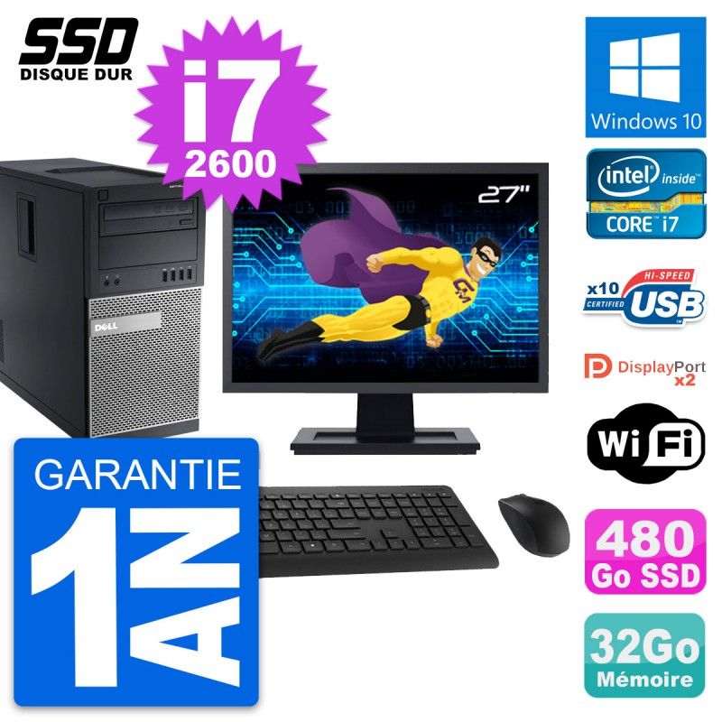Dell OptiPlex 9010 Desktop PC - 27" Screen, Intel i7-2600, 32GB RAM, 480GB SSD, Windows 10, WiFi