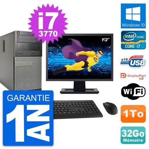 PC de escritorio Dell OptiPlex 9010 - Pantalla de 19 pulgadas, Intel i7-3770, 32 GB RAM, 1 TB HDD, Windows 10, WiFi