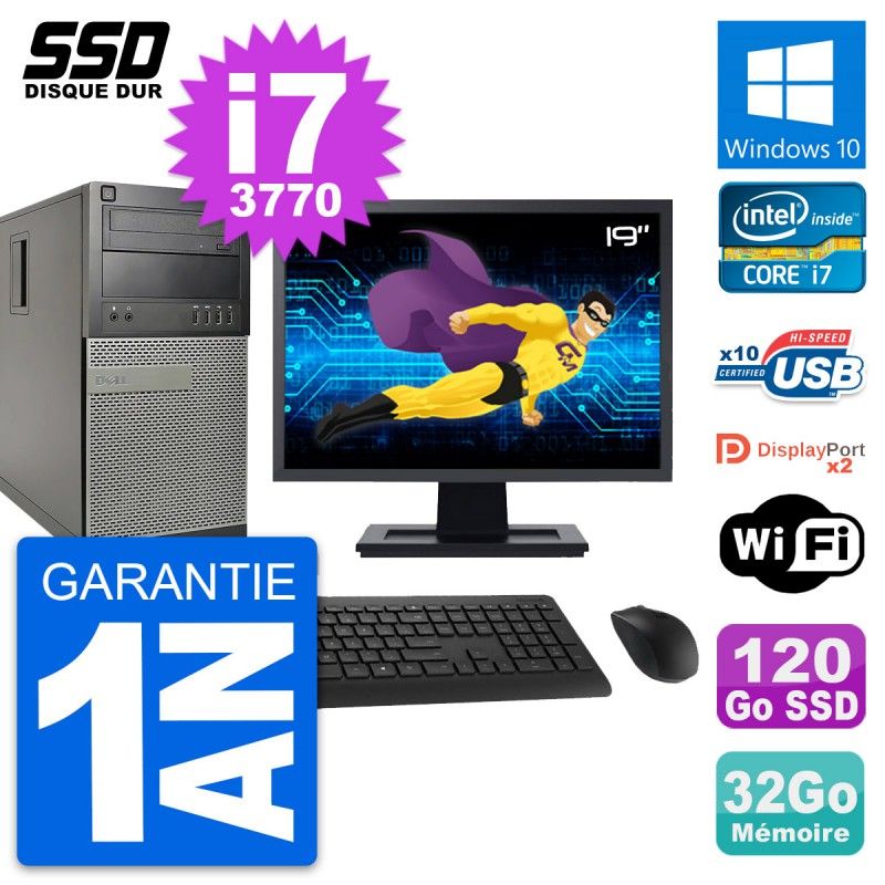 Dell OptiPlex 9010 Desktop Computer, 19" Screen, Intel i7-3770, 32GB RAM, 120GB SSD, Windows 10, WiFi