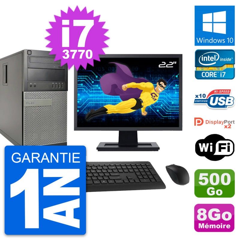 Ordinateur de bureau Dell OptiPlex 9010, écran 22'', processeur Intel i7-3770, 8 Go de RAM, disque dur 500 Go, Windows 10, Wi-Fi